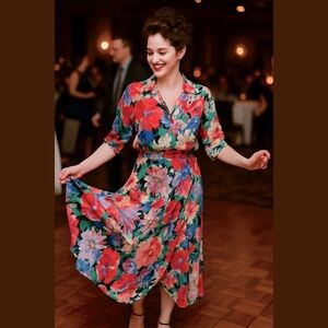 80s 2PC CAROLE LITTLE BRIGHT BOLD FLORAL OVERSIZED BLOUSE & TULIP MAXI SKIRT 12